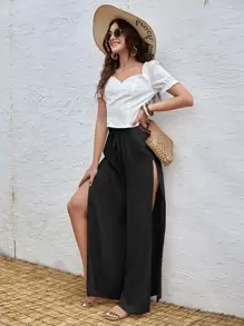 SHEIN VCAY Quần Tách cao màu trơn Boho - màu đen - Xem 3