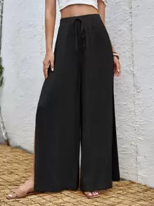 SHEIN VCAY Quần Tách cao màu trơn Boho - màu đen - Xem 5