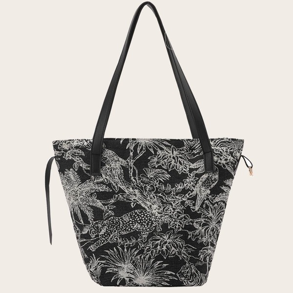

Animal & Plant Graphic Tote Bag, Black and white