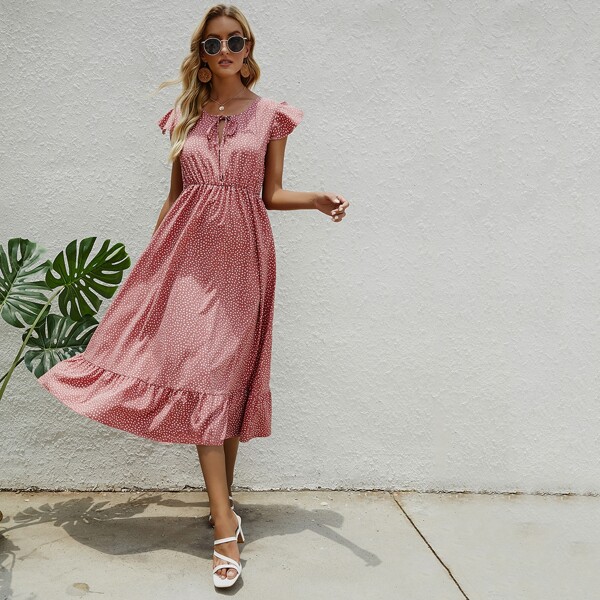 

Polka Dot Ruffle Hem Dress, Dusty pink
