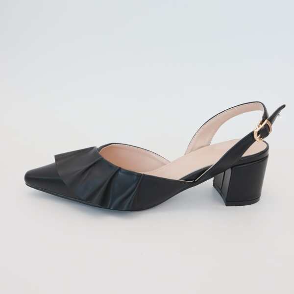 

Ruffle Decor Chunky Heeled Slingback Pumps, Black
