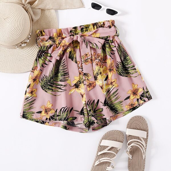 

Paperbag Waist Belted Tropical Shorts, Multicolor