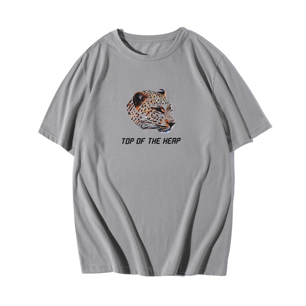 

Men Slogan And Leopard Print Tee, Grey