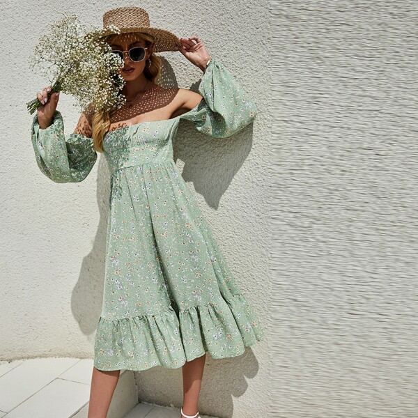 

Off Shoulder Ruffle Hem Ditsy Floral Print Dress, Mint green