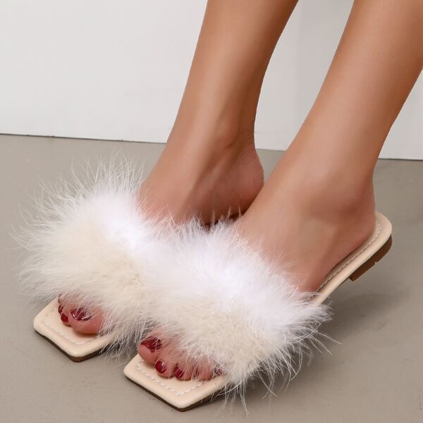 

Two Tone Fluffy Slide Sandals, Beige