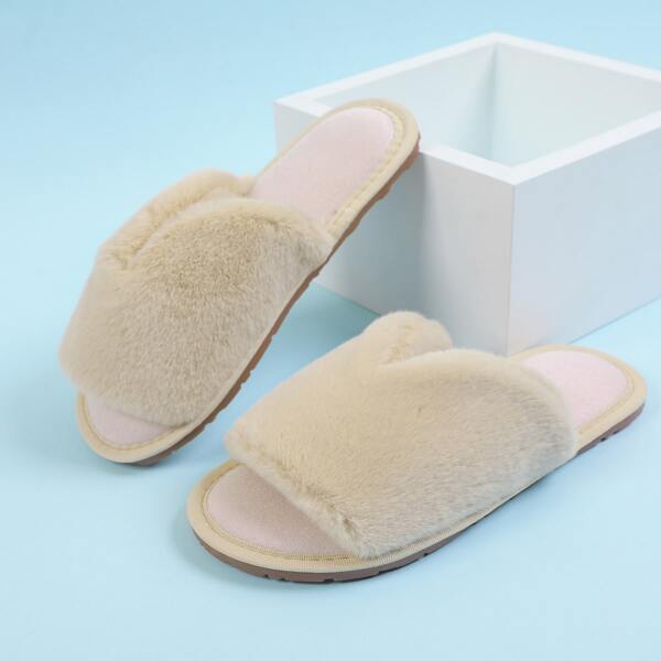 

Open Toe Fluffy Bedroom Slippers, Beige