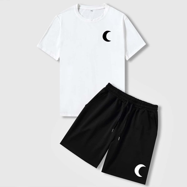 

Men Moon Print Tee & Drawstring Shorts, Black and white