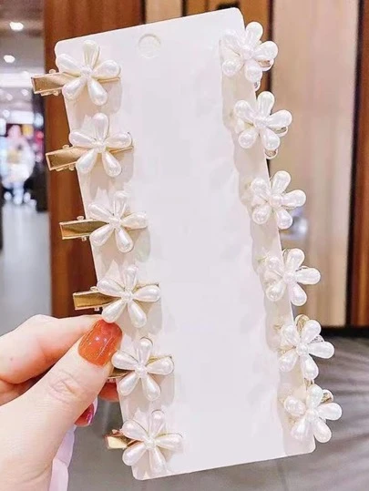 12pcs Girls' Faux Pearl Five-Petal Flower Hair Clips (6 Hairpins + 6 Hairpins) Suitable For Daily Life Or Vacation
