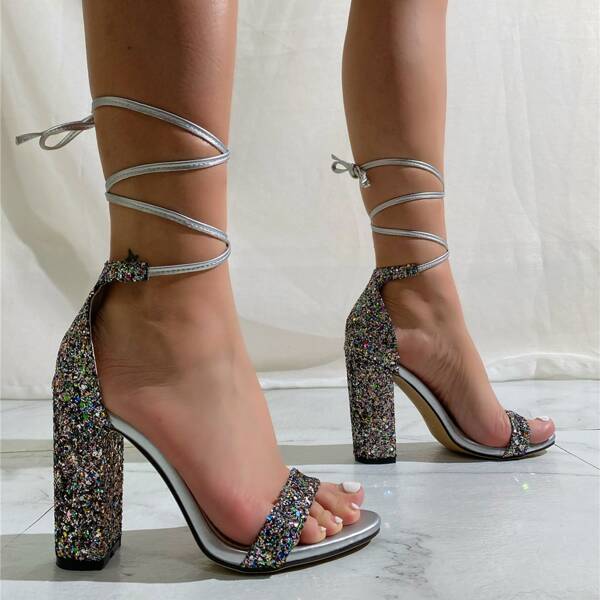 

Tie Leg Glitter Sandals, Silver