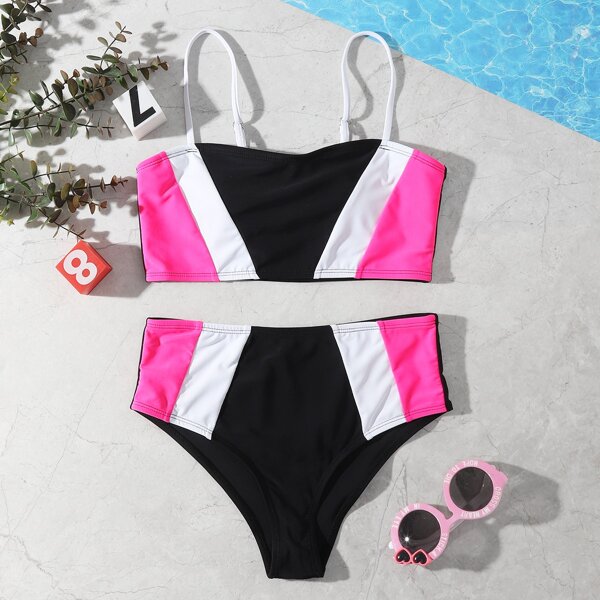 

Girls Color Block High Waist Bikini Swimsuit, Multicolor