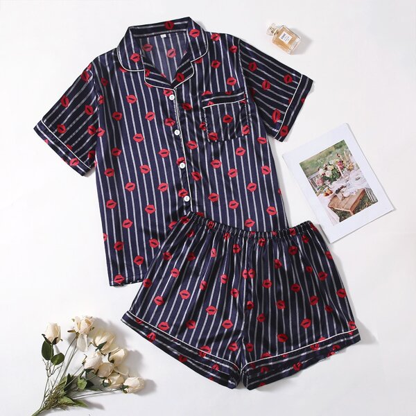 

Plus Satin Stripe And Lip Print Pajama Set, Navy blue