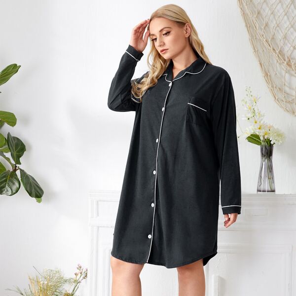 

Plus Contrast Binding Button Front Night Dress, Black