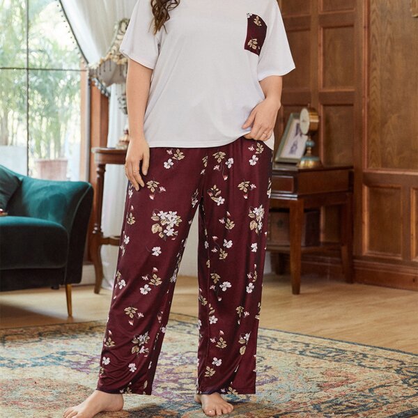 

Plus Contrast Pocket Tee With Floral Pants Pajama Set, Red and white