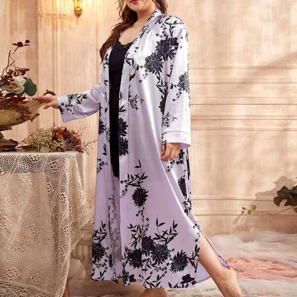 

Plus Satin Floral Belted Split Hem Robe, Lilac purple