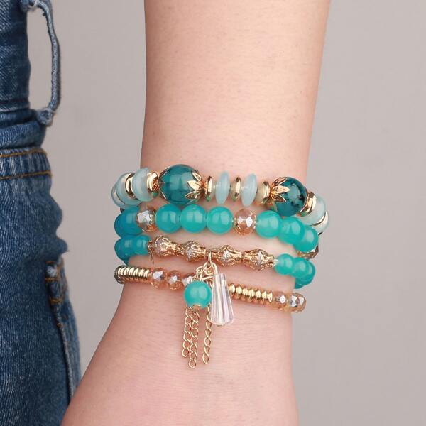 

4pcs Chain Charm Beaded Bracelet, Blue