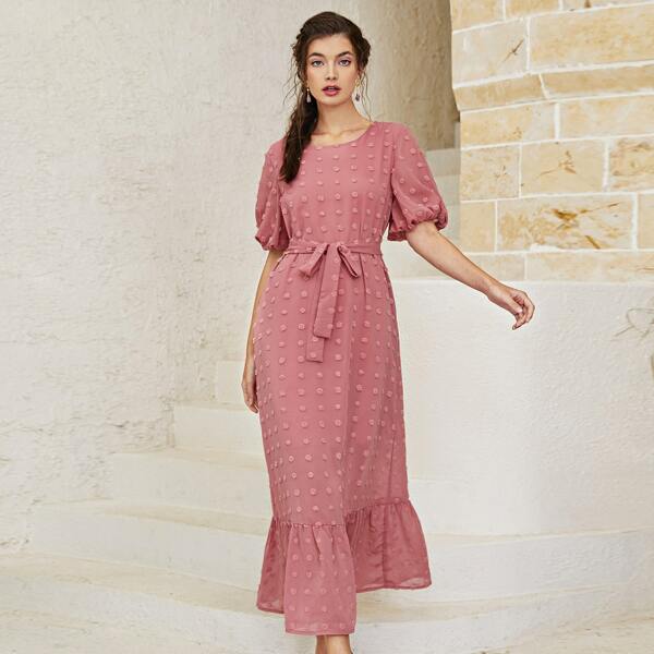 

Swiss Dot Ruffle Hem Puff Sleeve Belted Dress, Watermelon pink