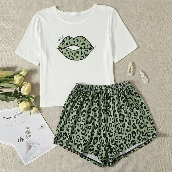 

Plus Leopard & Lip Print Pajama Set, Multicolor