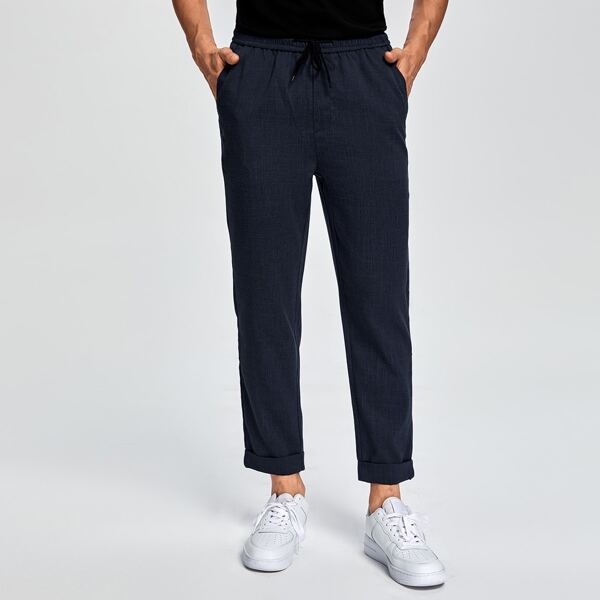 

Men Drawstring Waist Crop Pants, Navy blue