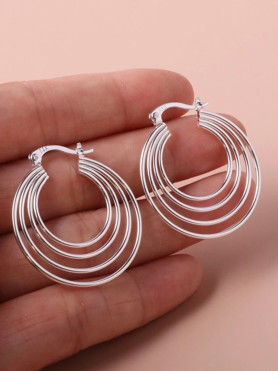 1 Pair Iron Silver-Plated 4-Layer Hoop Clip-On Earrings - Silver - View 1