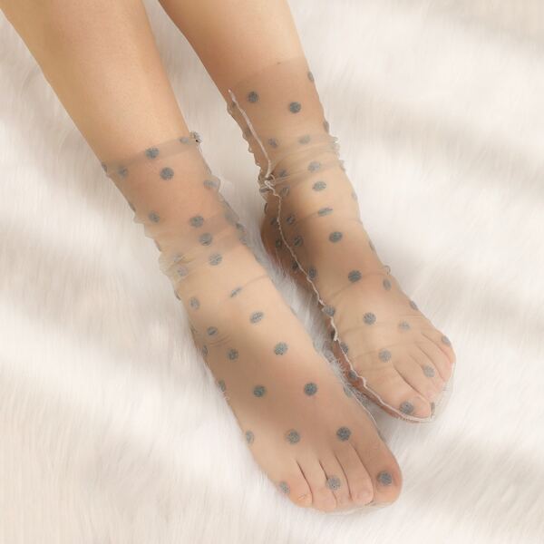 

Polka Dot Print Crew Socks, Grey