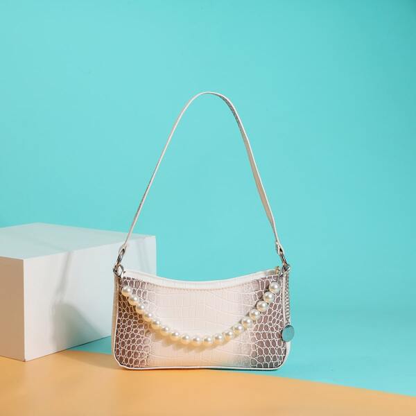 

Faux Pearl Decor Croc Embossed Baguette Bag, Multicolor