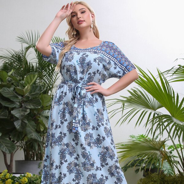 

Plus Paisley And Floral Print Belted Dress, Blue