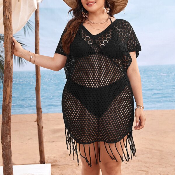 

Plus Fringe Hem Hollow Out Knitted Cover Up, Black