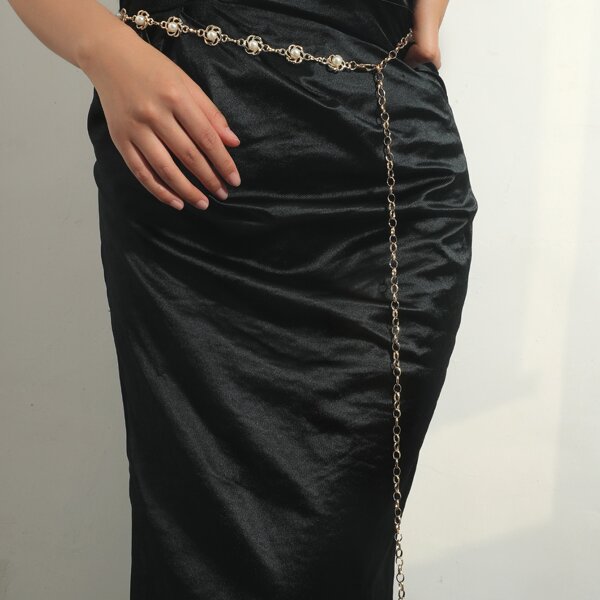

Faux Pearl Decor Chain Belt, Gold