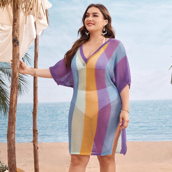 

Plus Color Block Knitted Cover Up, Multicolor