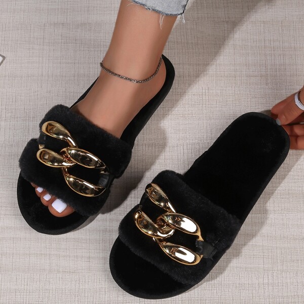 

Chain Decor Fluffy Slippers, Black