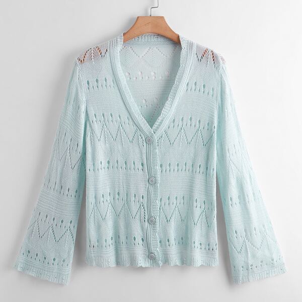 

Plus Button Front Pointelle Knit Cardigan, Mint blue