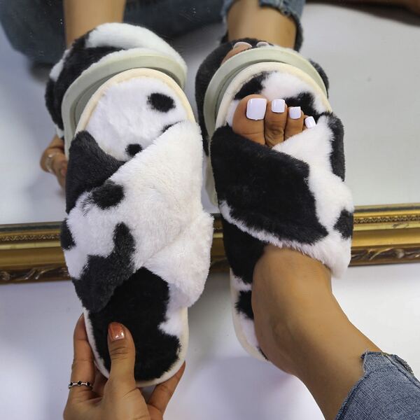 

Two Tone Cross Strap Fluffy Slippers, Black and white
