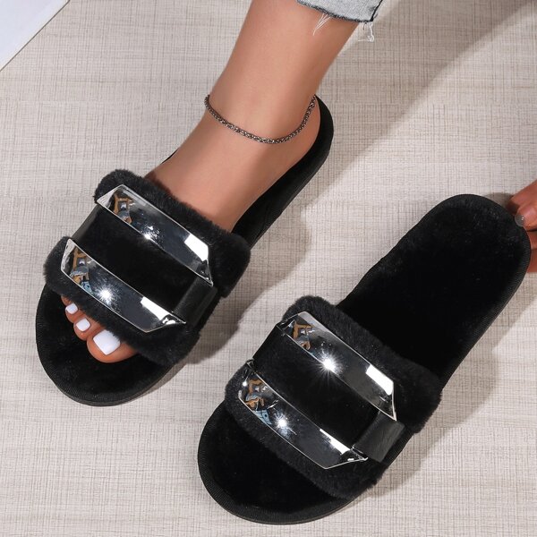 

Metal Decor Fluffy Slippers, Black