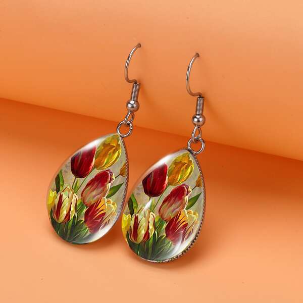 

Flower Pattern Water-drop Earrings, Multicolor