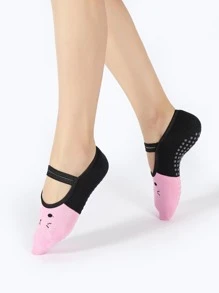 1 Par Calcetines Antideslizantes Con Correa Con Diseño De Gato De Dibujos Animados, Calcetines De Piso Deportivos Coloridos Para Interiores - Rosa - Ver 2