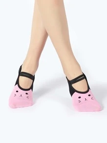 1 Par Calcetines Antideslizantes Con Correa Con Diseño De Gato De Dibujos Animados, Calcetines De Piso Deportivos Coloridos Para Interiores - Rosa - Ver 4