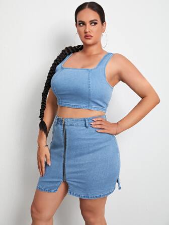 Tank Denim Top & Rock Set mit Reißverschluss