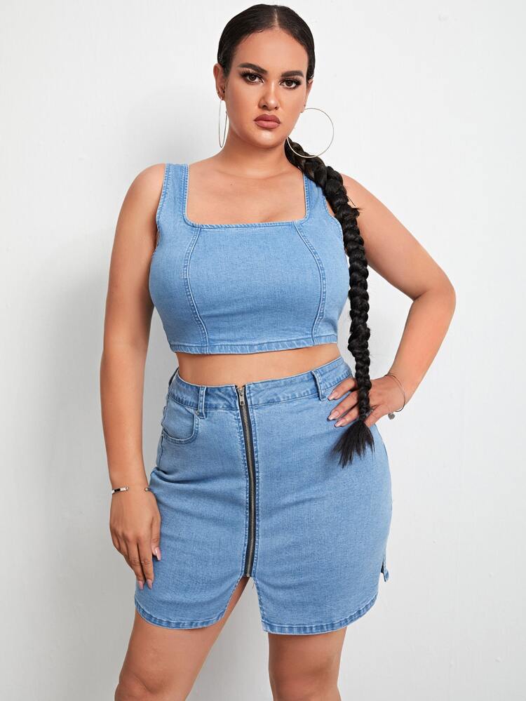 Tank Top en mezclilla & con cremallera Set falda