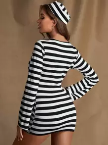 Prison Costume Dress With Hat - Black and White - View 2