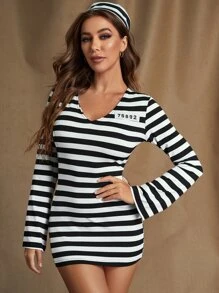 Prison Costume Dress With Hat - Black and White - View 4