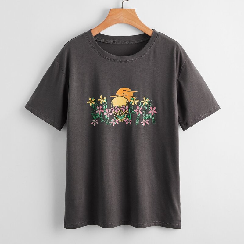 

Skull & Floral Graphic Tee, Dark grey