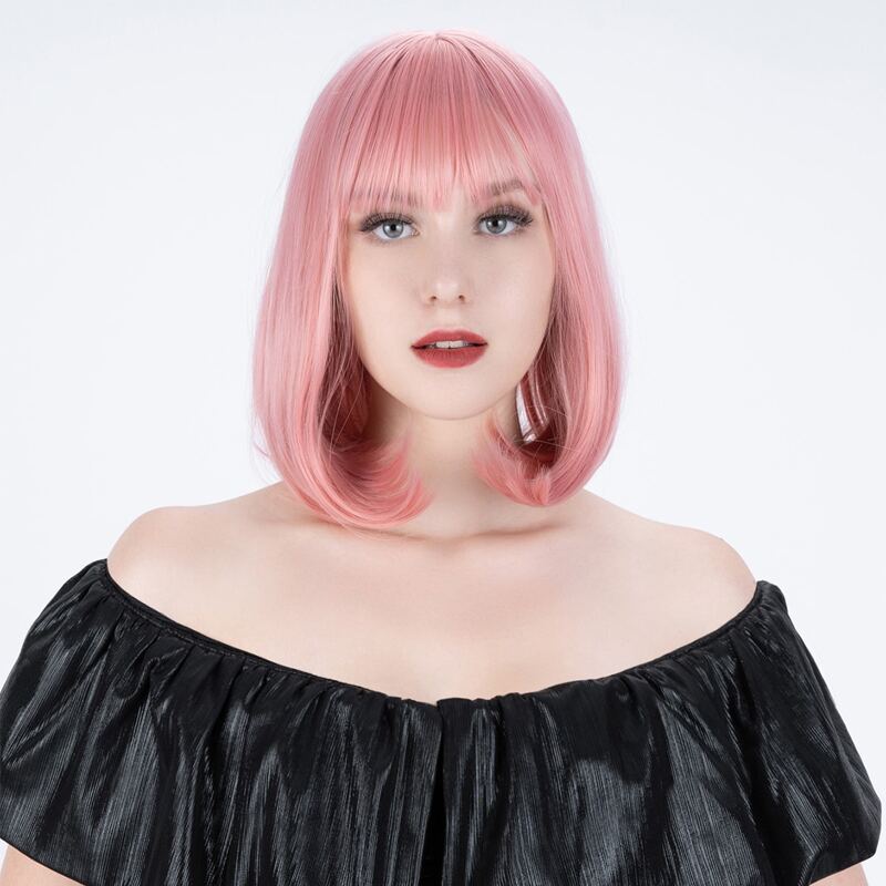 

Natural Short Wig With Bangs, Pink