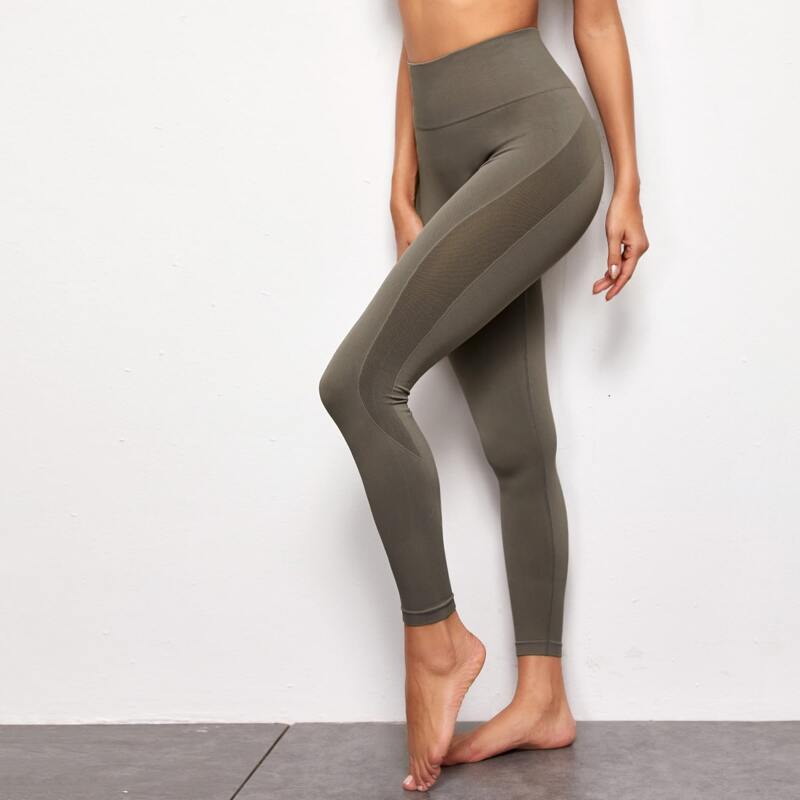 

Seamless Wide Band Waist Crop Sports Leggings, Army green
