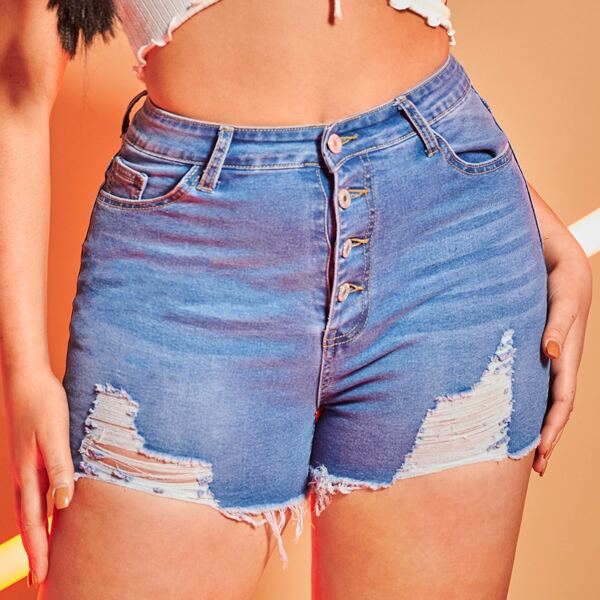 

Plus Button Fly Ripped Raw Hem Denim Shorts, Medium wash