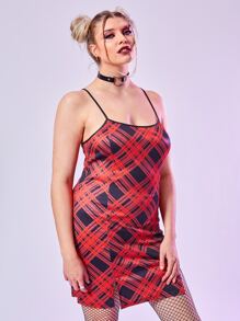 PUNK Vestido de tirantes con abertura de cuadros - Rojo - Ver 1