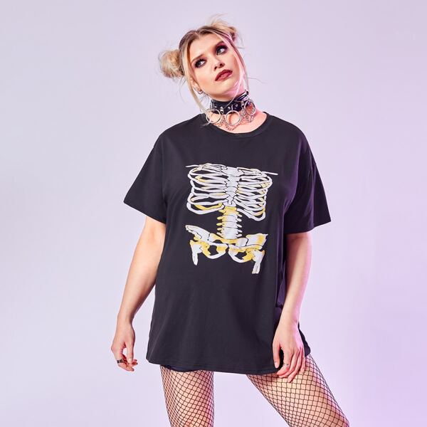 

Plus Skeleton Print Oversized Tee, Black