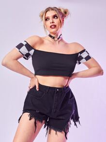 Plus Checkerboard Plaid Crop Bardot Top - Black - View 1