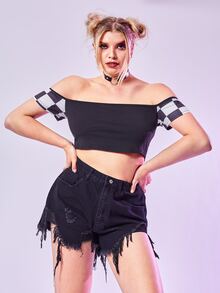 Plus Checkerboard Plaid Crop Bardot Top - Black - View 4