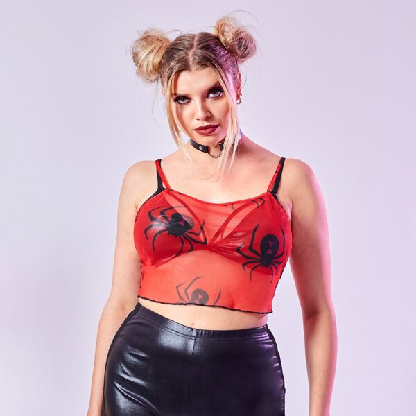 

Plus 1pc Spider Print Sheer Mesh Crop Cami Top, Red