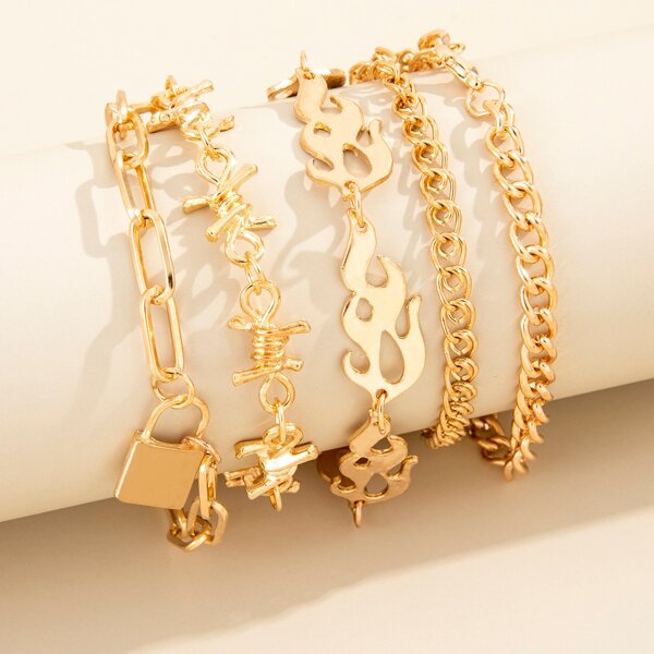 

5pcs Lock Charm Chain Bracelet, Gold